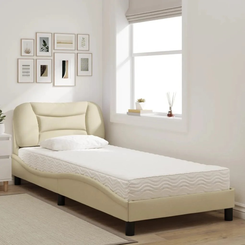 Cama com colchão 90x200 cm tecido cor creme