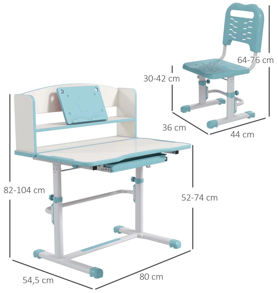Conjunto de Secretária e Cadeira para Crianças com Altura Ajustável e Ângulo da Mesa Ajustável 80x54,5x82-104 cm Azul