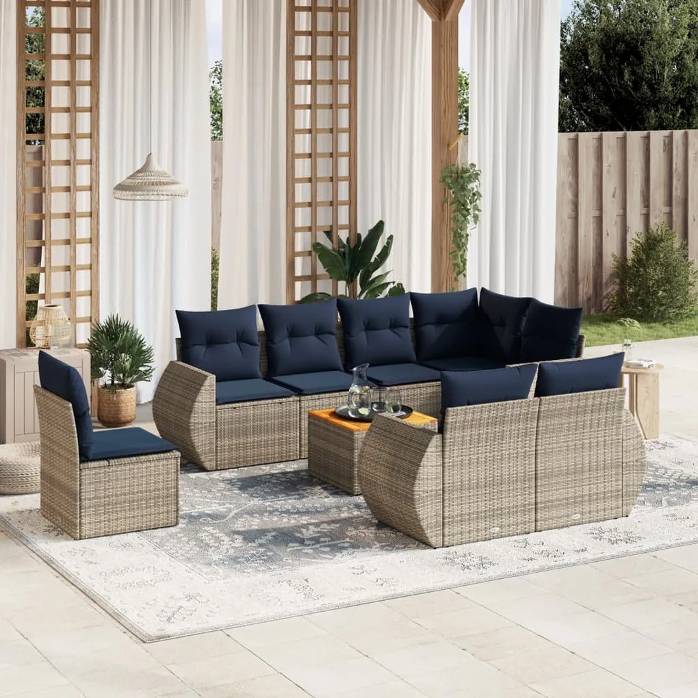 vidaXL 9 pcs conjunto sofás p/ jardim c/ almofadões vime PE cinzento