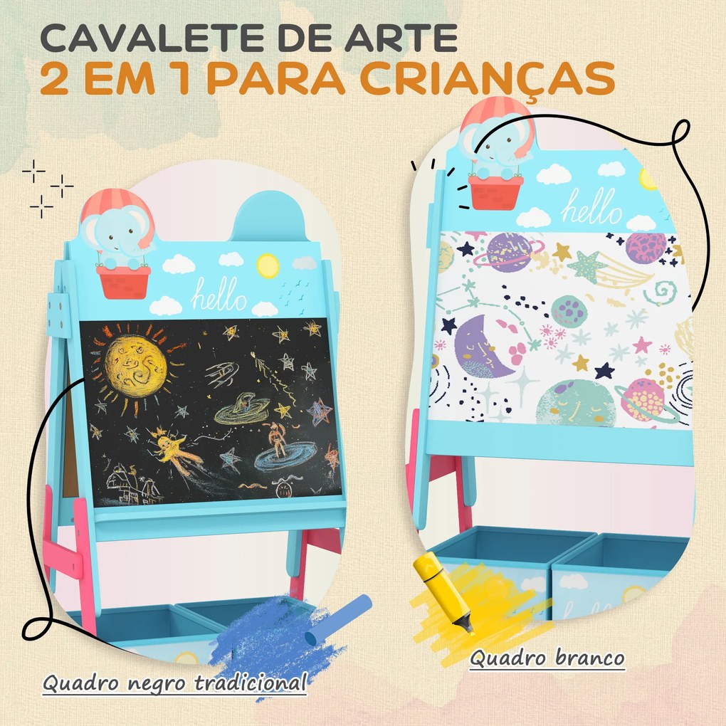 Cavalete para Crianças 2 em 1 Arsósia Infantil com Dupla Face 2 Caixas de Arrumação com Estampa em Animais 49x53,5x113 cm Azul