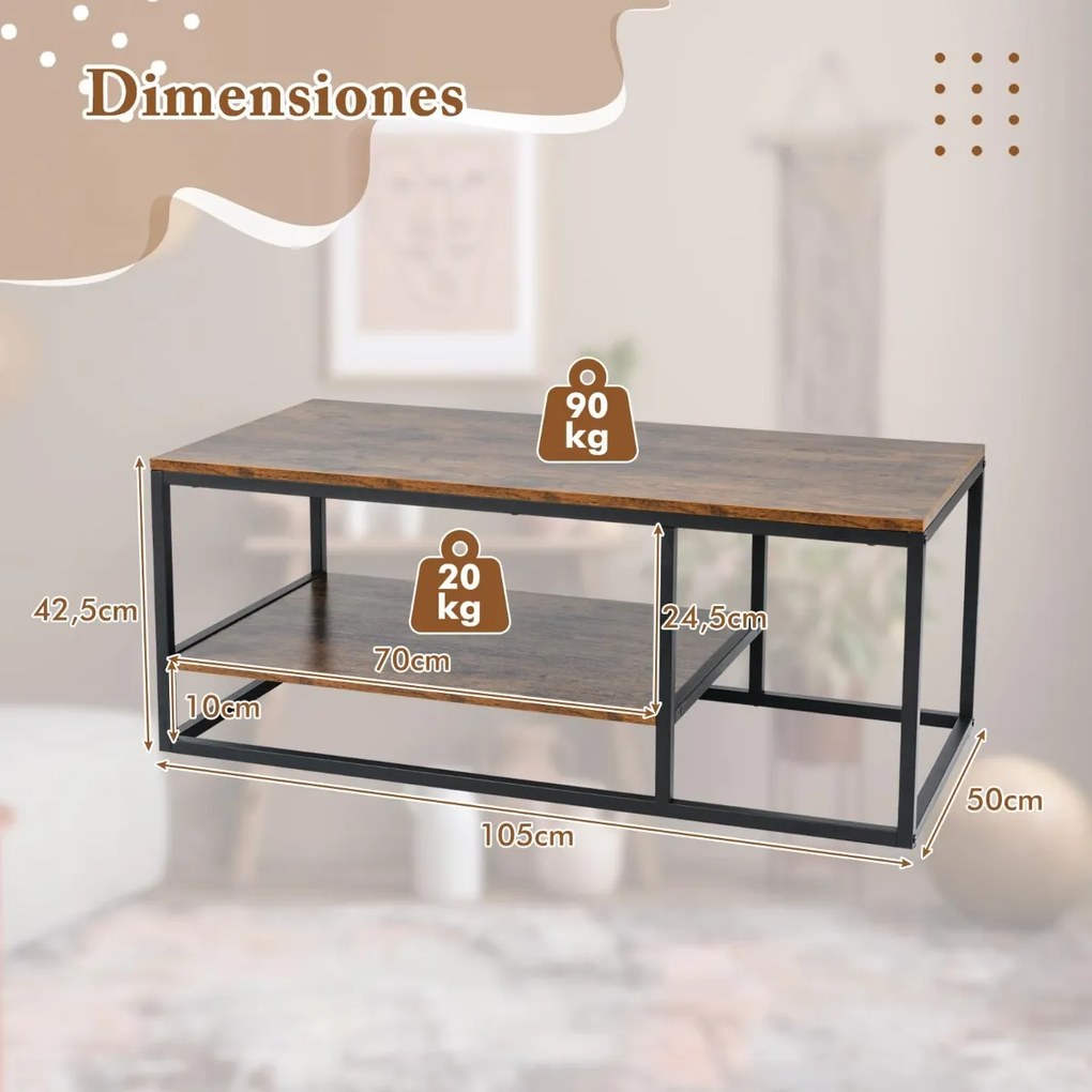 Mesa retangular 105 x 50 x 42,5 cm industrial de 2 níveis com prateleira de armazenamento e estrutura metálica Castanho