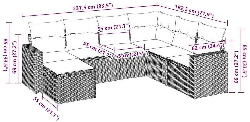 7 pcs conjunto de sofás jardim c/ almofadões vime PE castanho