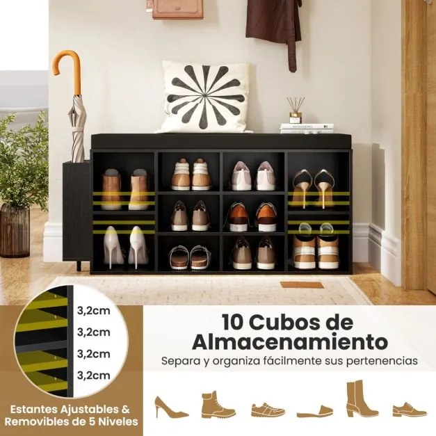 Banco sapateira 30 x 110 x 52,5 cm com suporte para guarda-chuvas, 10 compartimentos, assento acolchoado e prateleiras ajustáveis, preto