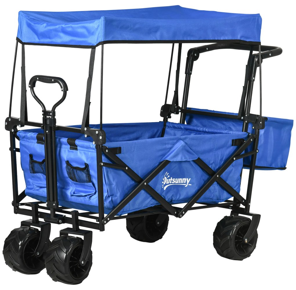 Outsunny Carrinho de Transporte Dobrável para Praia Campismo Viajem com Toldo Guiador Rodas Altura Ajustável 117x55x98 cm Azul | Aosom Portugal