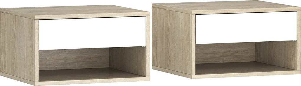 HOMCOM Conjunto de 2 mesas de cabeceira murais, mesas de noite, gaveta, compartimento aberto, tampo, 37 x 32 x 21 cm, madeira natural | Aosom Portugal