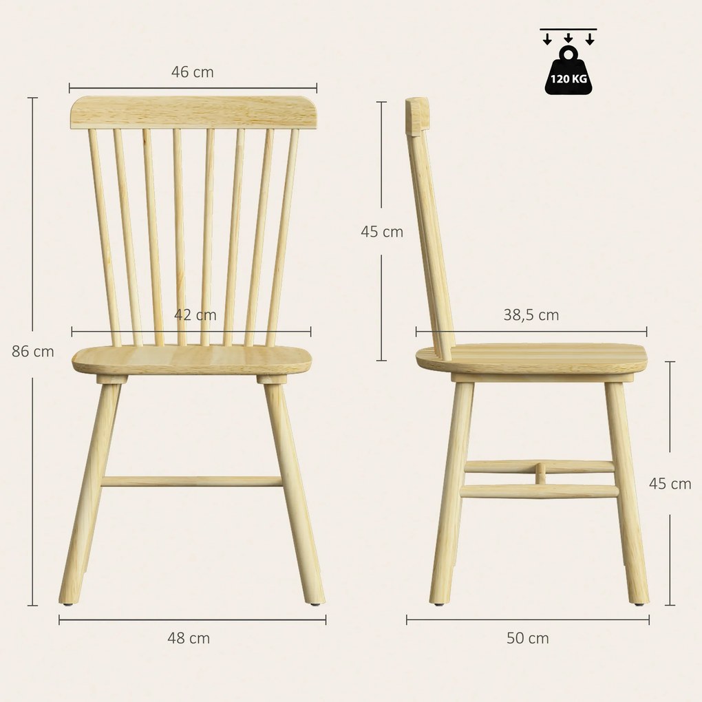 Conjunto de 2 Cadeiras de Sala de Jantar em Madeira (MESA NÃO INCLUIDA) Design Windsor Encosto Curvo Assento Largo Cor Natural
