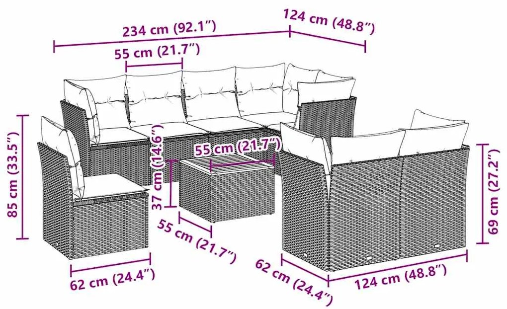 9 pcs conjunto de sofás p/ jardim c/ almofadões vime PE preto