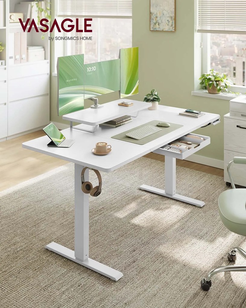 Secretária elétrica com altura ajustável 140 x 70 x 70 x (72-120) cm, suporte para monitor e USB Branca