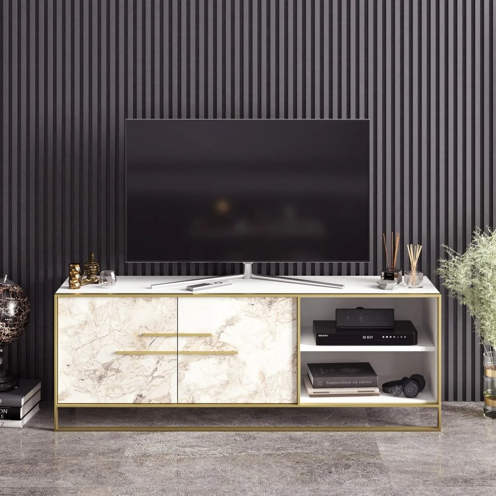 Móvel TV Polka – Dourado e Branco – 160x56,6x38,5 cm