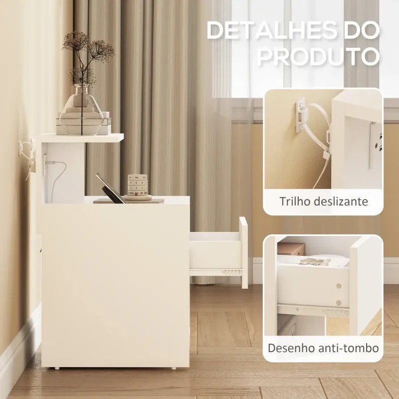 Mesa de Cabeceira 40x40x60 cm com Estação de Carregamento e Portas USB Gaveta e Prateleiras Abertas Branco