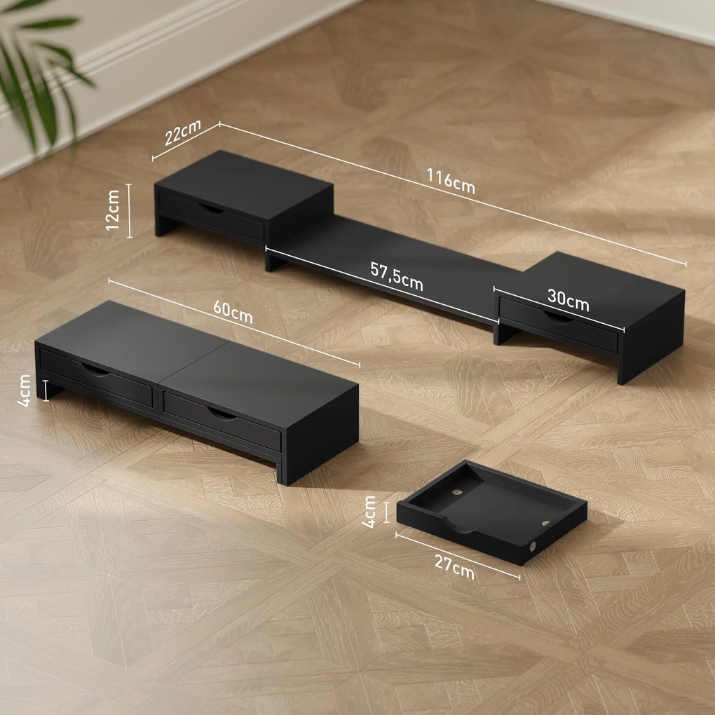 Suporte elevador para ecrã de computador de secretária, suporte para ecrã de computador de 60 a 116 cm com 2 gavetas, comprimento e ângulo ajustáveis,