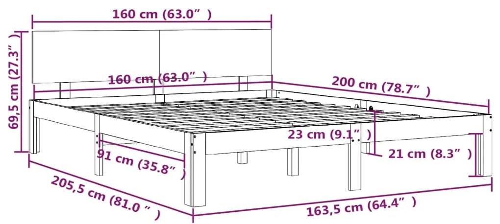 Estrutura de cama 160x200 cm pinho maciço