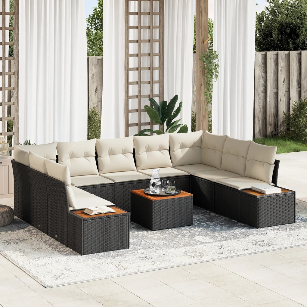 Conjunto de Sofá de Jardim 6 Peças com Almofadas Preto Rattan de Polietileno Acácia