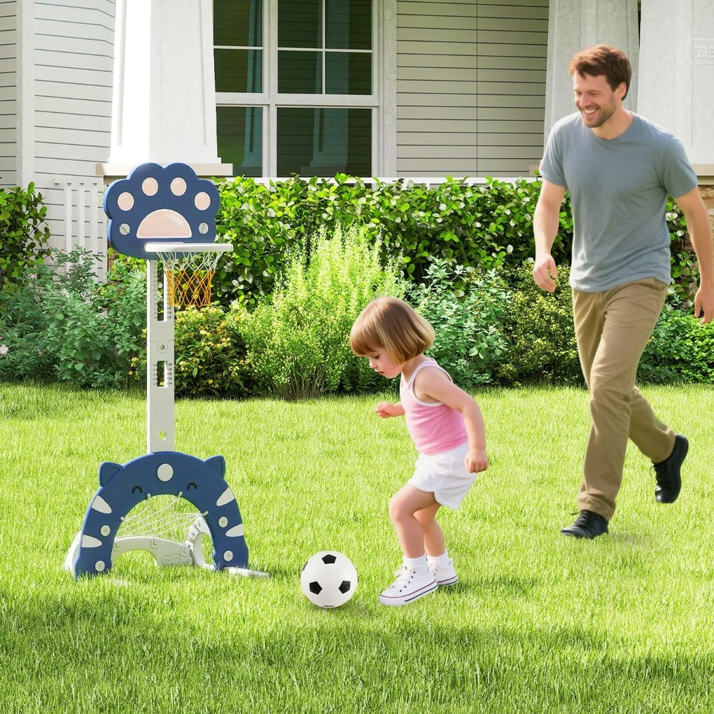 Cesto de basquetebol 3 em 1 ajustável em altura com jogos de futebol e golfe para crianças a partir dos 3 anos 65 x 49 x 130-151 cm Azul
