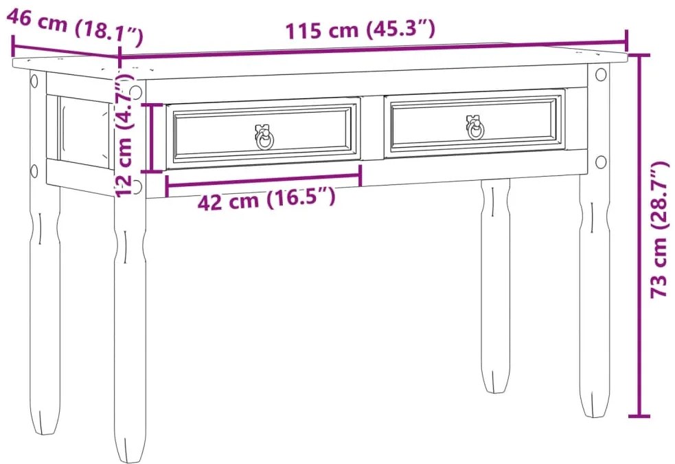 Mesa consola Corona 115x46x73 cm madeira de pinho maciça