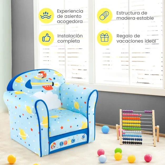 Poltrona infantil estofada, sofá infantil com moldura de madeira, superfície de veludo, enchimento de espuma para quarto 50 x 40 x 54 cm azul