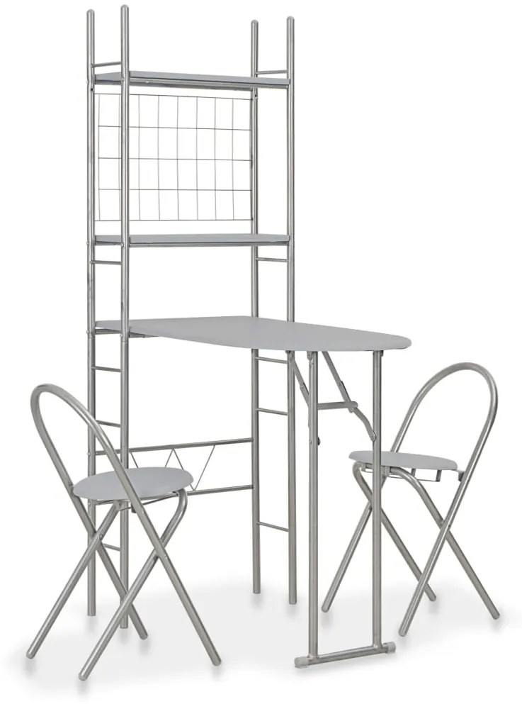 vidaXL 3 pcs conjunto jantar dobrável c/ prateleira MDF e aço cinzento