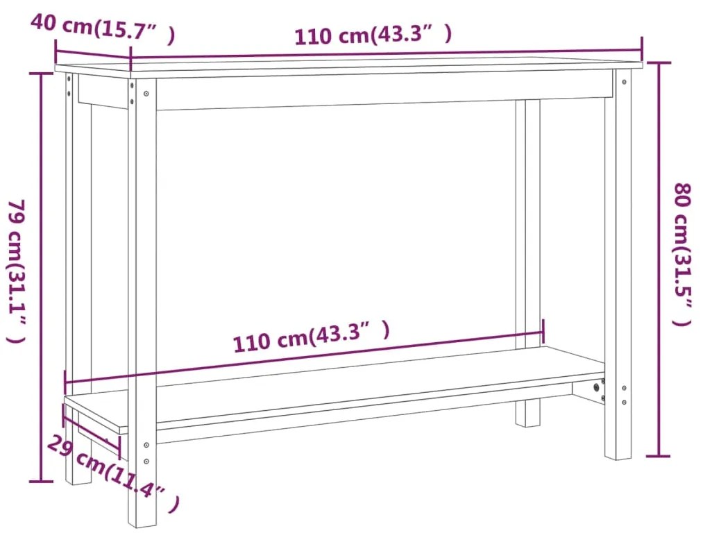 Mesa consola 110x40x80 cm pinho maciço branco