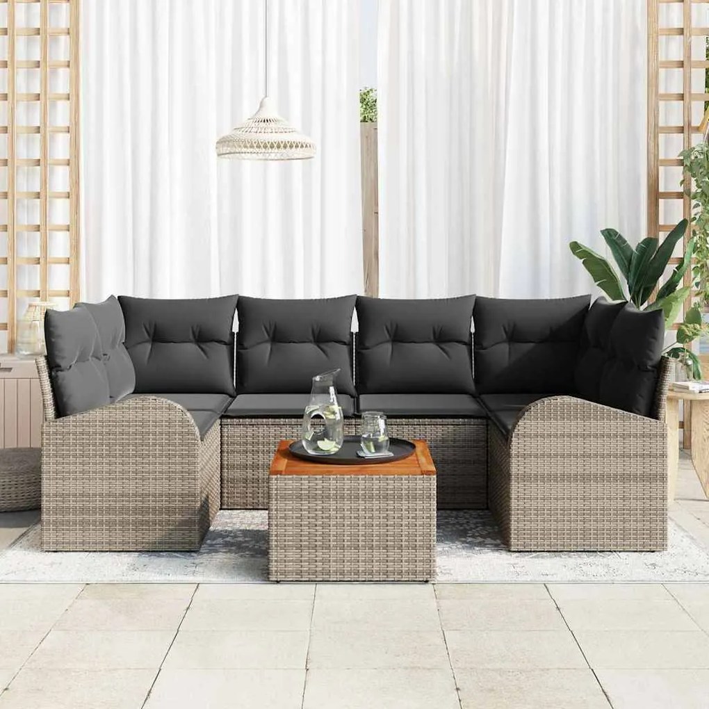 Conjunto de Sofá de Jardim de 7 Peças com Almofadas Cinza Polyrattan A