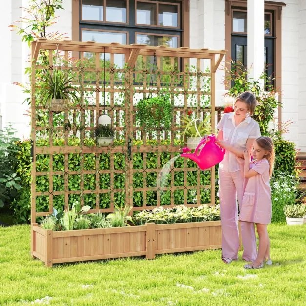 Floreira de jardim elevada em madeira, 180 x 48 x 183 cm, com treliça, teto suspenso, 2 caixas, tabuleiro removível, plantas trepadeiras e flores natu