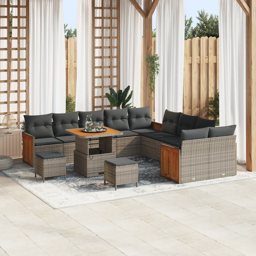 Conjunto de Sofá de Jardim vidaXL com 13 Peças e Almofadas Cinza Rattan Poliéster Acácia