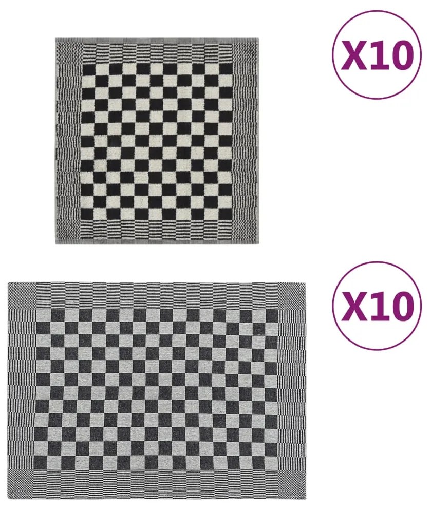 vidaXL Conjunto de panos de cozinha 20 pcs algodão preto e branco
