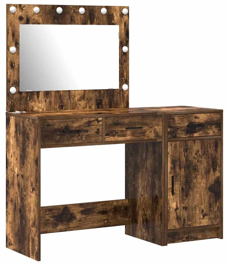 Conjunto de Mesa de Maquiagem de 2 Peças com LED em Carvalho Fumê de M