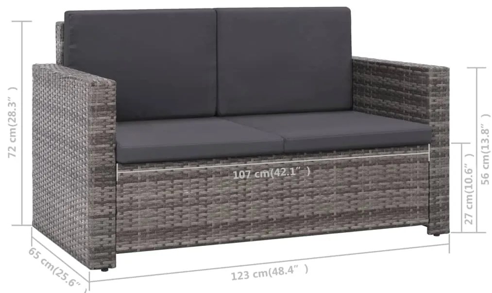 2 pcs conjunto lounge de jardim c/ almofadões vime PE cinzento