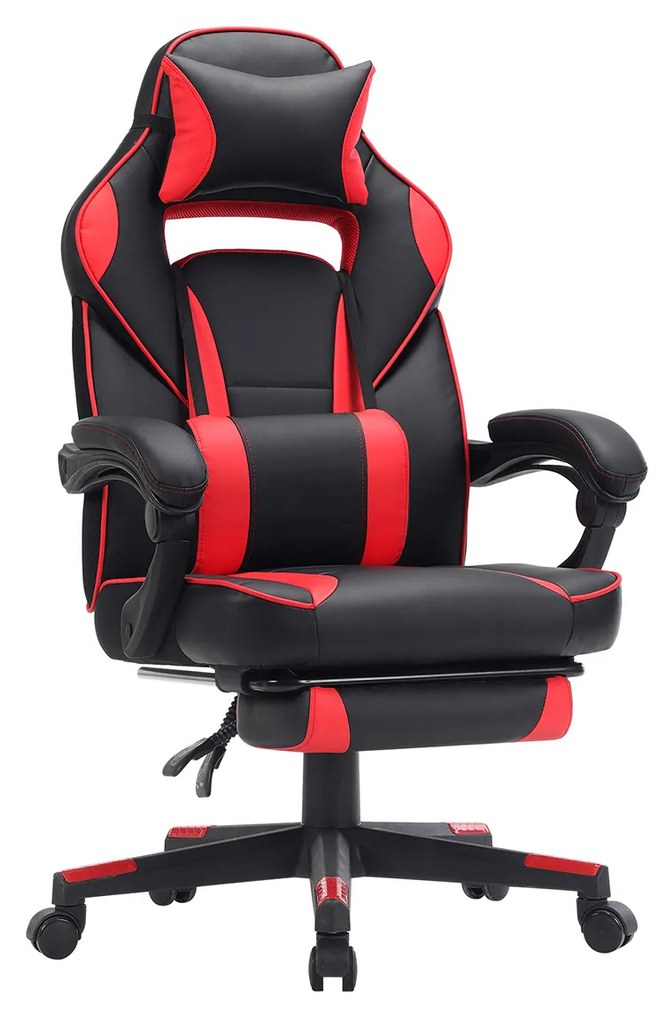 Cadeira gamer SONGMICS Racing, cadeira de escritório ajustável com apoio para os pés, design ergonômico, mecanismo de inclinação, apoio de cabeça, suporte lombar, capacidade de peso de 150 kg, preta e vermelha OBG73BRV1