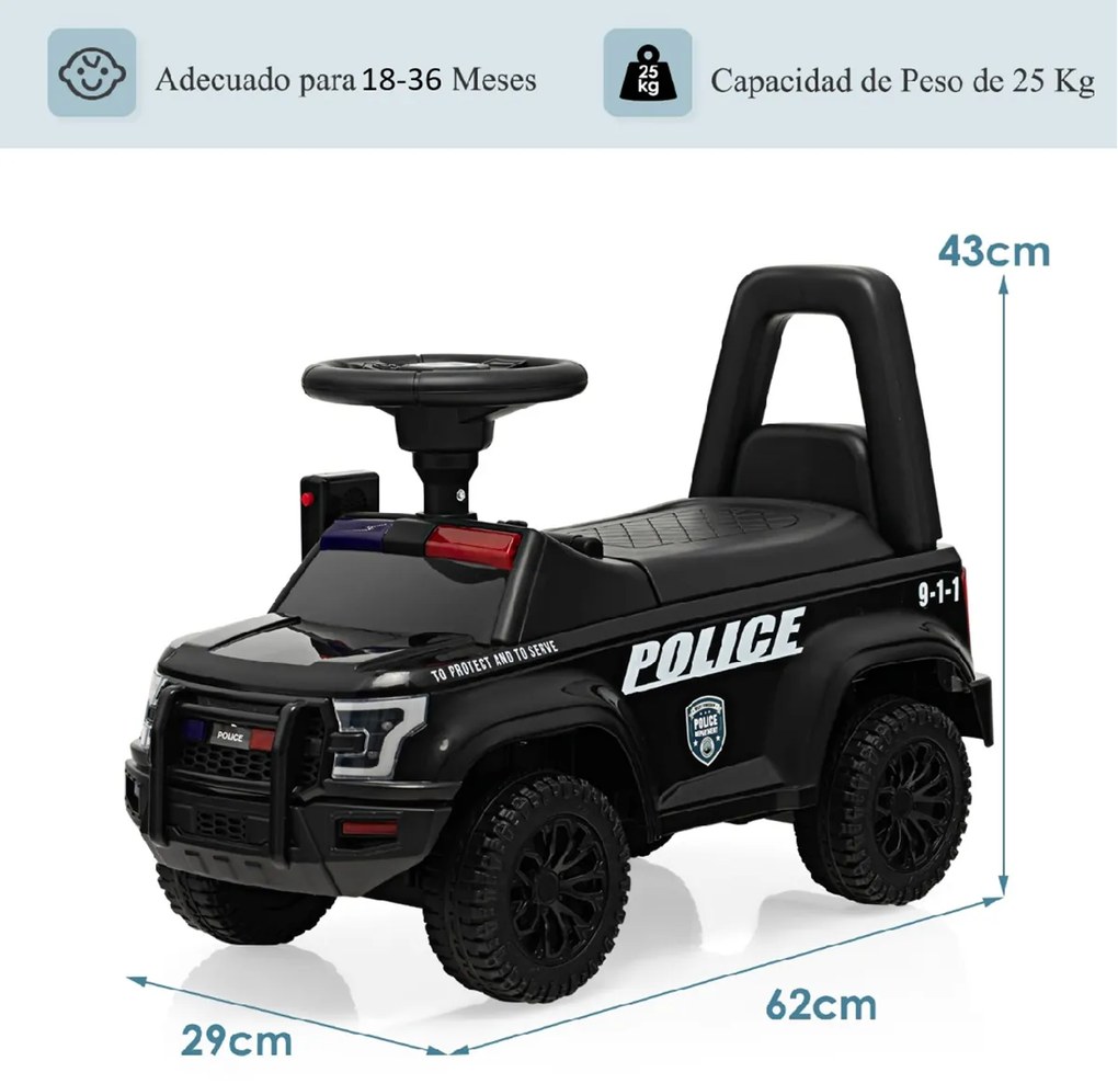 Andador Carro de polícia para crianças com megafone, luzes de aviso e efeitos sonoros Brinquedo de montar 62 x 29 x 43 cm Preto