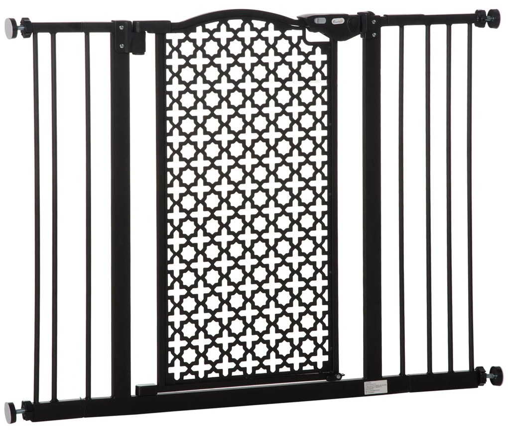 PawHut Barreira de Segurança para Cães Animais de Estimação para Portas Escadas Corredores 74-105cm com 2 Extensões de 10/15cm com Porta e Fechadura Automática Aço Preto