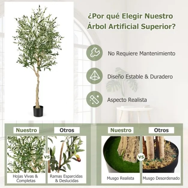 Conjunto de 2 Oliveiras Artificiais 182 cm Plantas de imitação decorativas falsas em vaso de cimento para interior Escritório Casa Verdes