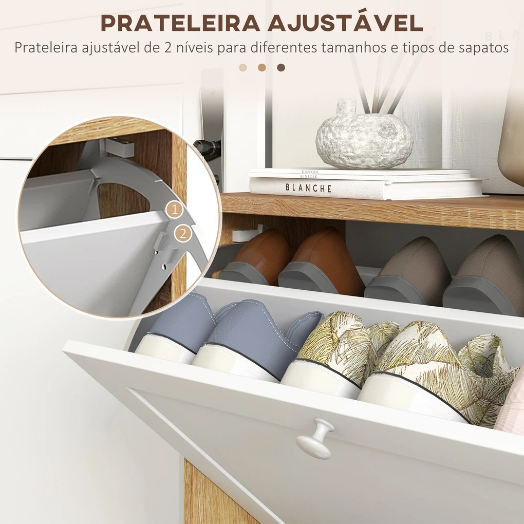 Sapateira Estreita com 2 Portas Prateleiras Ajustáveis para 12 Pares de Sapatos 60x24,5x75,5 cm Mdeira e Branco
