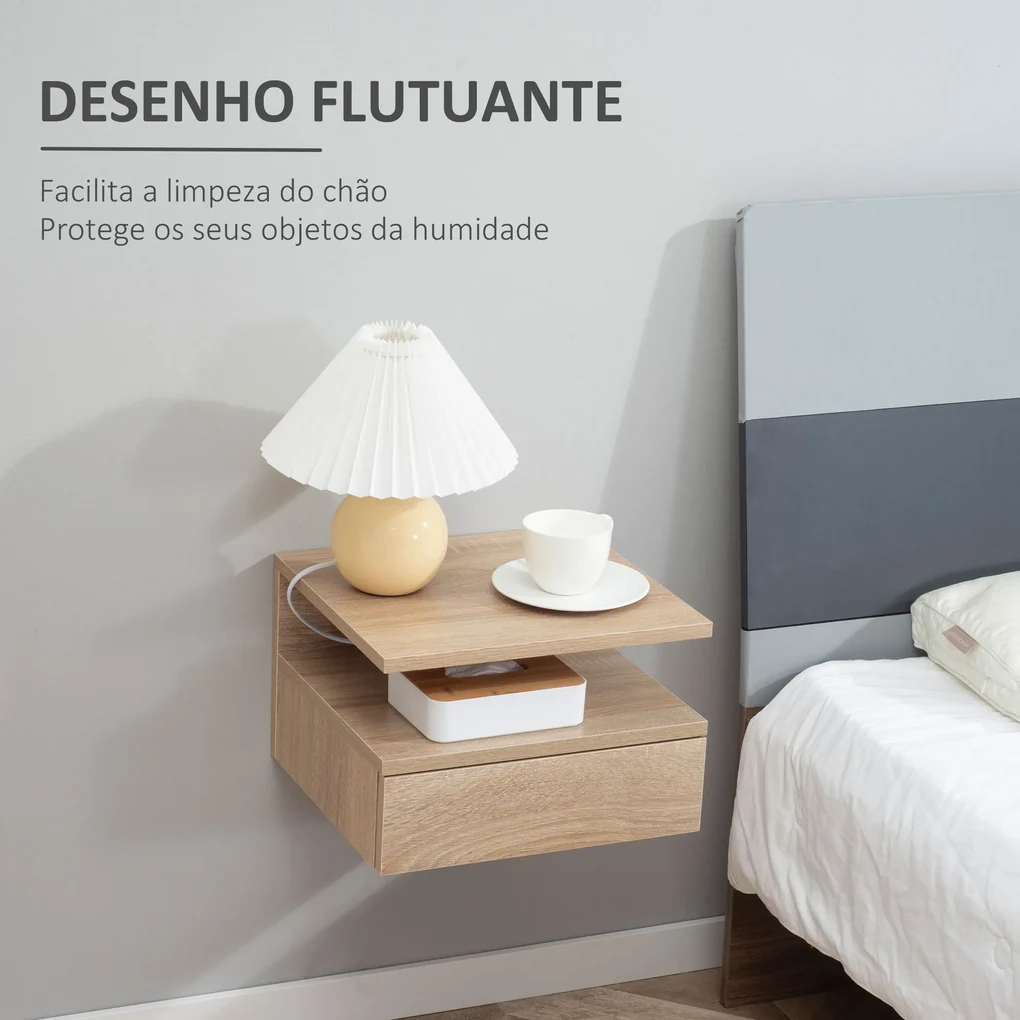 Conjunto de 2 Mesas de Cabeceira Flutuante com 1 Gaveta e Prateleira ...