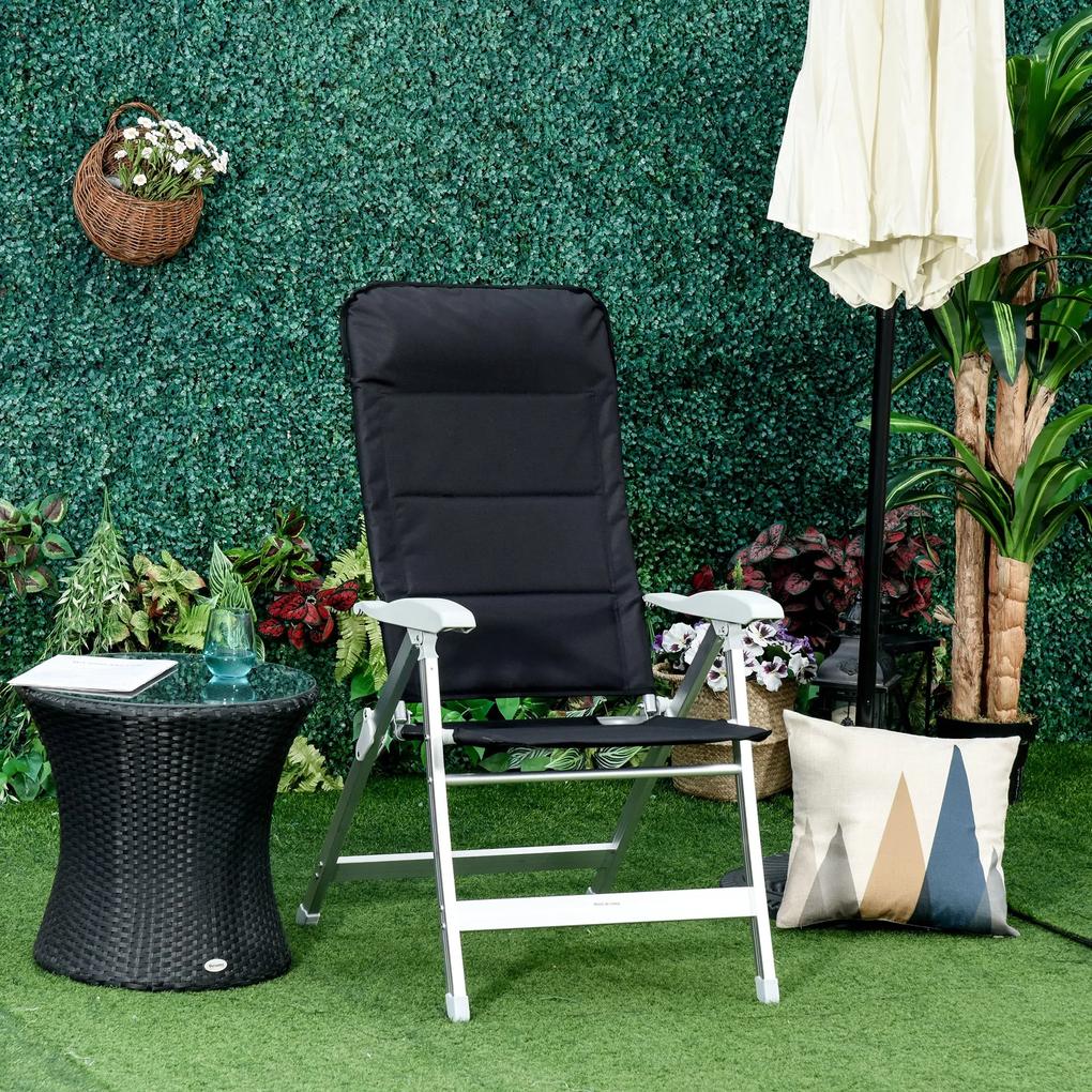 Outsunny Cadeira de jardim dobrável de alumínio com encosto alto ajustável de 7 posições e encosto de cabeça acolchoado 75x61,5x114,5 cm Preto