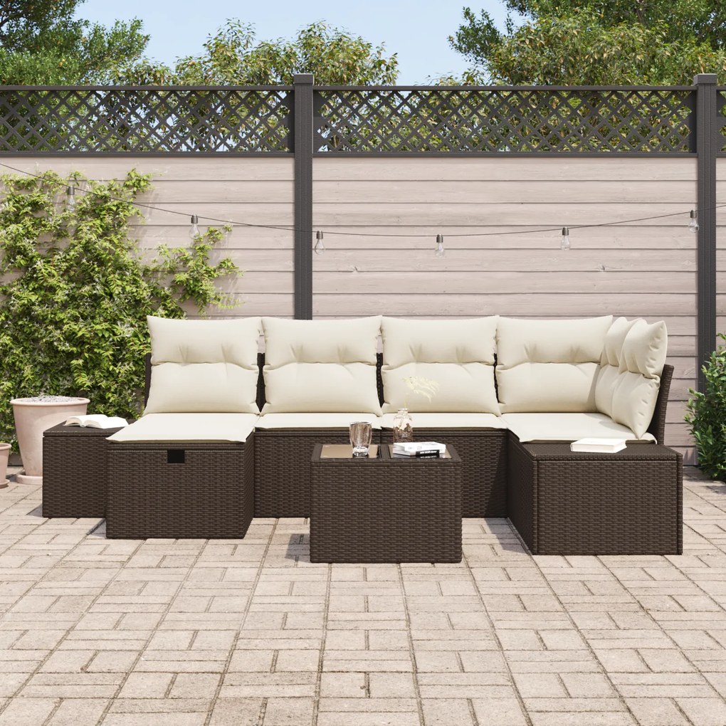 Conjunto de Sofá de Jardim de 7 Peças com Almofadas Marrom Rattan Poly