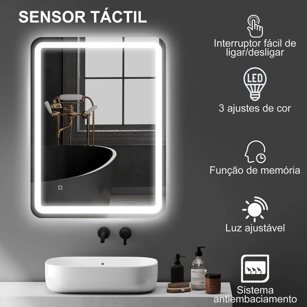 Espelho Casa de Banho com Luzes LED 60x80 cm Função Antiembaciamento 3 Temperaturas de Cor Ajustável e Função de Memória