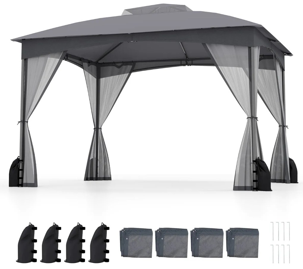 Pérgula para jardim 365x300 cm com paredes de malha com pesos areia Estrutura metálica resistente Portas com fecho Cinzenta