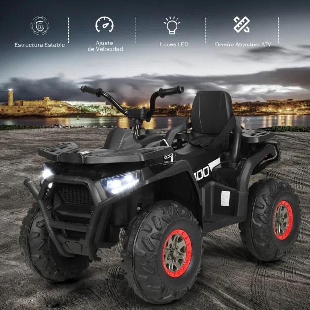 Moto 4 Elétrico Infantil com Luzes LED 2 Velocidades Música e Assento Confortável Carga 50kg Preto