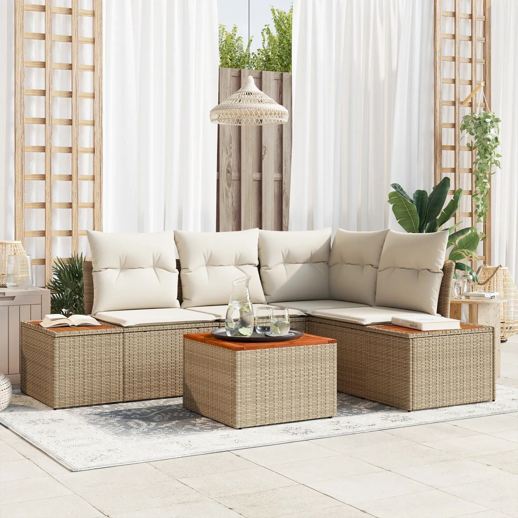 vidaXL Conjunto de Sofá de Jardim de 5 Peças com Almofadas Bege Polirattan Acácia