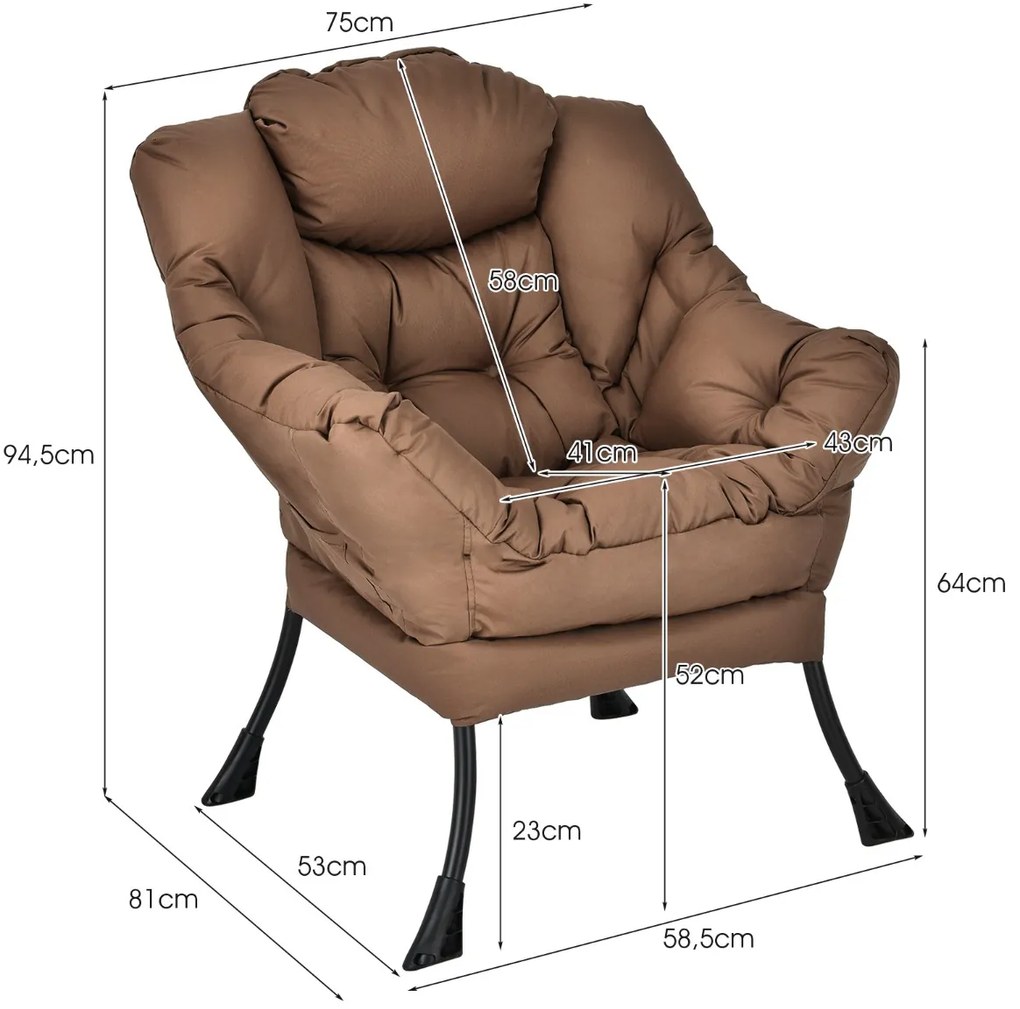 Poltrona moderna em tecido de poliéster com estrutura em metal estofada com bolso lateral 75 x 81 x 94,5 cm Castanho