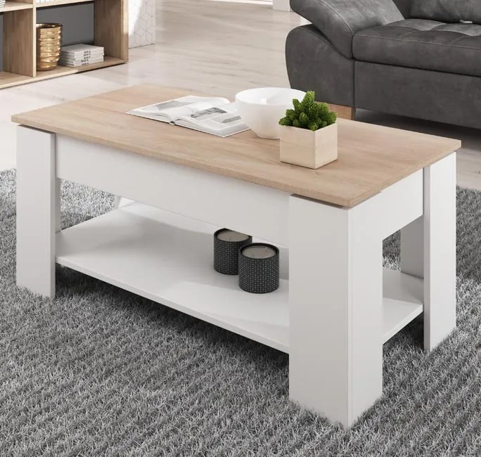 Mesa de Centro Elevatória Nina com Compartimento Oculto– Branco e Carv