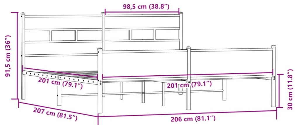 Estrutura de cama sem colchão 200x200cm metal carvalho sonoma