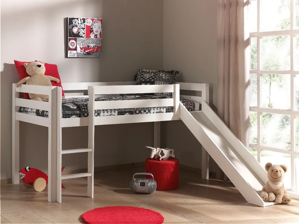 Conjunto Cama alta de Criança PINO 90 x 200 cm + estrado + escada + escorrega Branco