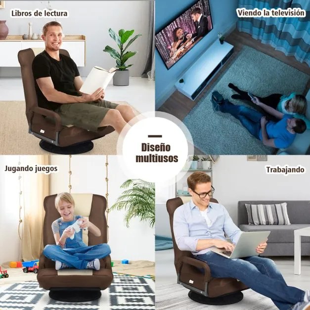 Sofá-cadeira rebatível ajustável em 6 posições com base giratória de 360° para ler e relaxar  61-87 x 55 x 75 cm Castanho