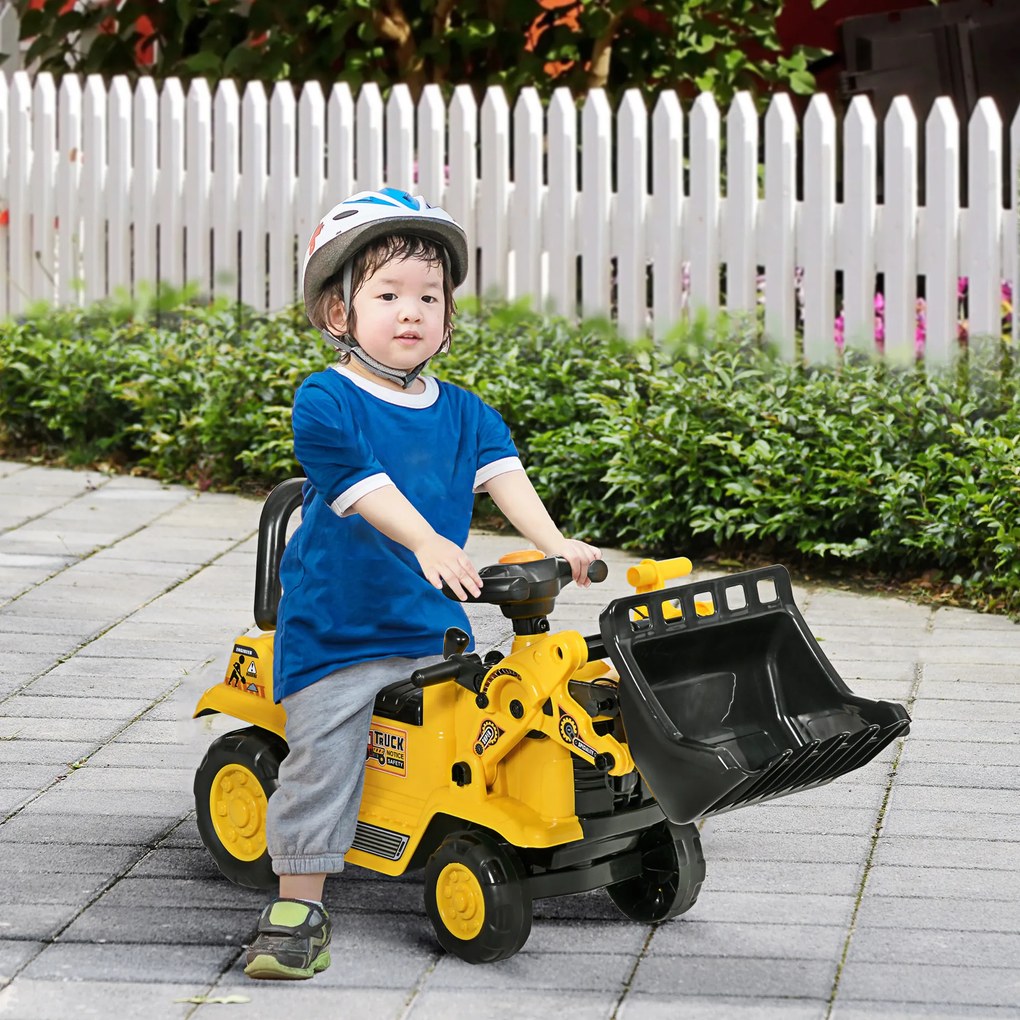 Carro Andador para Crianças Escavadora para Crianças com Pá Dianteira Buzina Volante e Compartimento Oculto 80x26,5x39 cm Amarelo