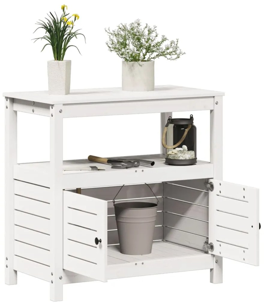 Mesa de jardinagem com prateleiras madeira pinho maciça branco