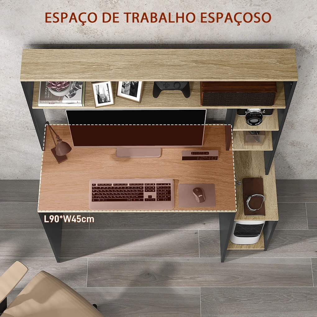 Secretária para Computador com Prateleira de 3 Níveis Mesa de Estudo com Suporte para CPU 114x45x138 cm Cinza e Natural