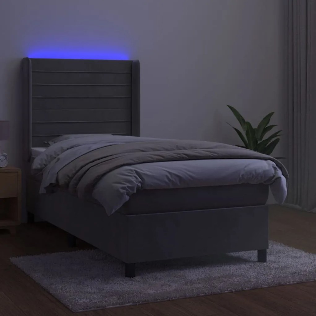 Cama box spring c/ colchão/LED 100x200 cm veludo cinzento-claro