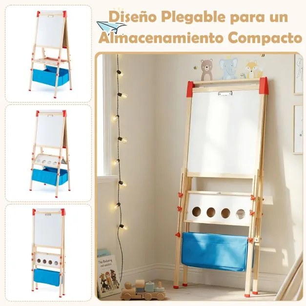 Cavalete infantil ajustável dobrável 56 x 53 x 120-145 cm dupla face com quadro branco magnético, rolo de papel, 4 copos, bandejas Natural + Vermelho